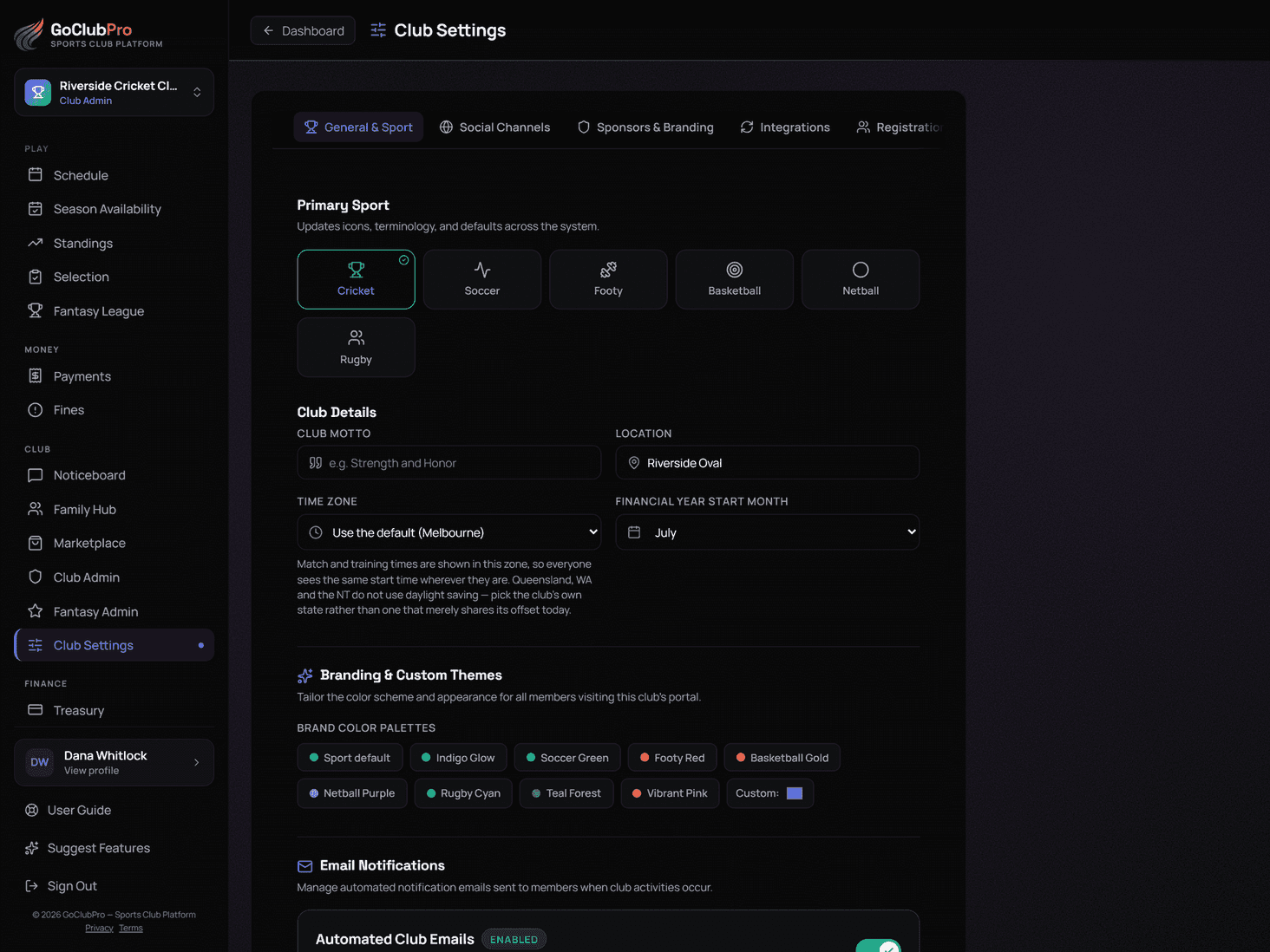 Club Settings, showing the General & Sport, Social Channels, Sponsors & Branding, Integrations, Registration and Club Features tabs