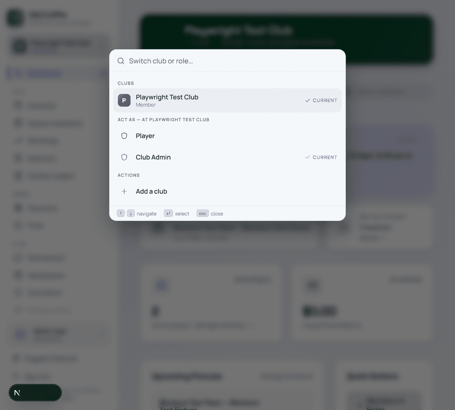 The context switcher, open — showing clubs and role-switching options
